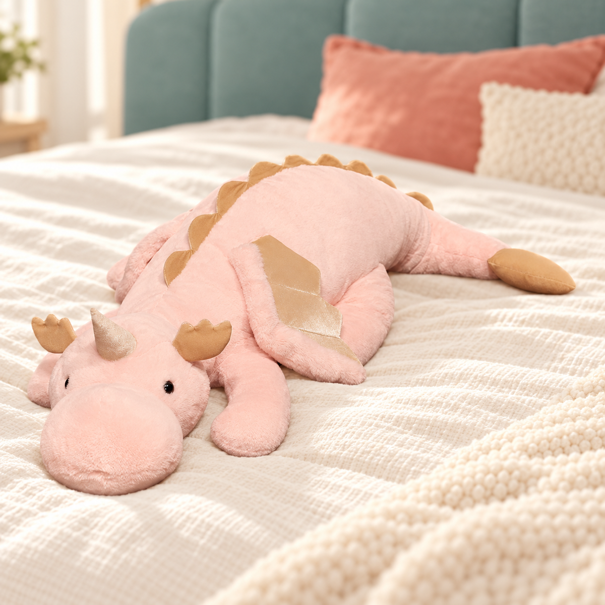 Pink Cuddle Soft giant dragon plushie lying on an ivory bed, showing its beige wing and spikes, small horn, rounded snout, and tapered tail.