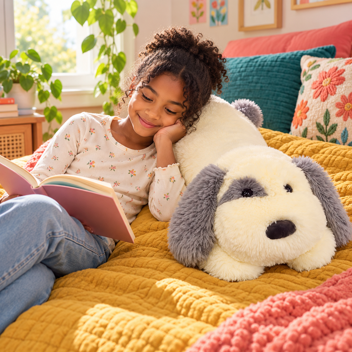 Child reading beside the 80cm / 31.5-inch sheepdog plush pillow on a mustard quilt with teal and floral pillows.