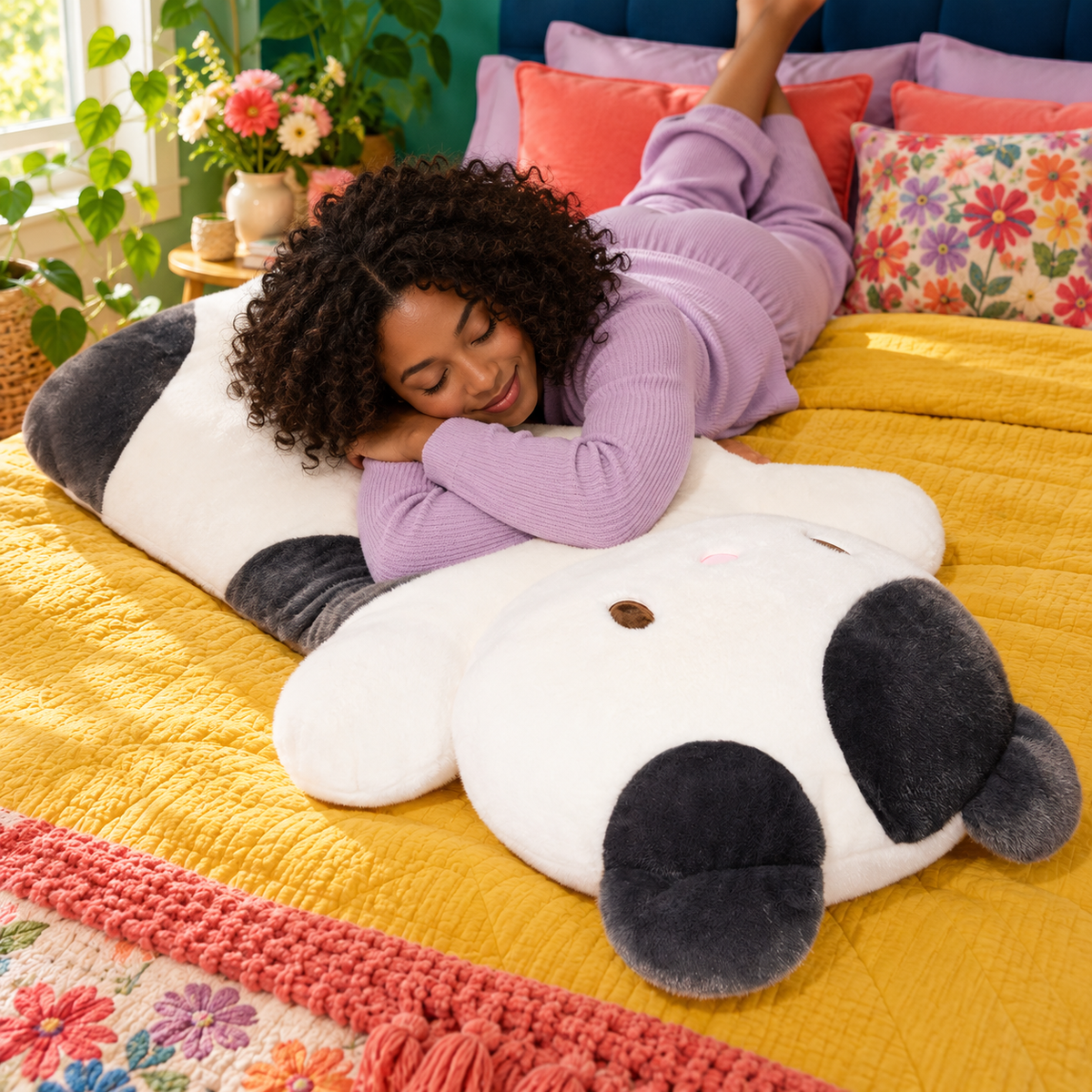 Adult relaxing with a Black and White lying cat plush pillow on colorful bedding.