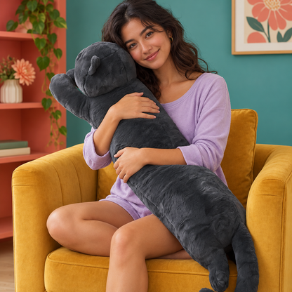 Young woman cuddling the long charcoal-black cat body pillow while seated in a mustard chair, with its rounded body, small ears, extended paw, rear paws, and curled tail visible.