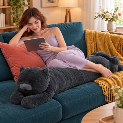 Young woman reclining on a teal sofa with her lower legs resting lightly across the Moonlight Black Cat Body Pillow, showing the plush used horizontally as a long supportive cushion.