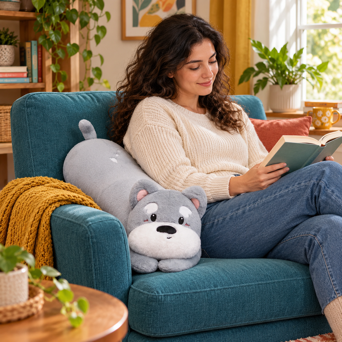 Adult woman reading in a teal armchair with a silver gray Puppy Hugs plush body pillow supporting her side and back.
