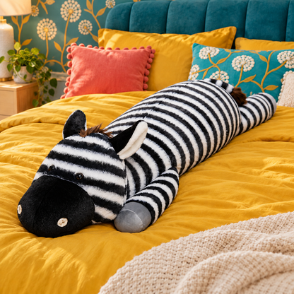 110cm / 3.6-foot long zebra plush body pillow displayed on a mustard bed to show its largest size and full black-and-white striped shape.