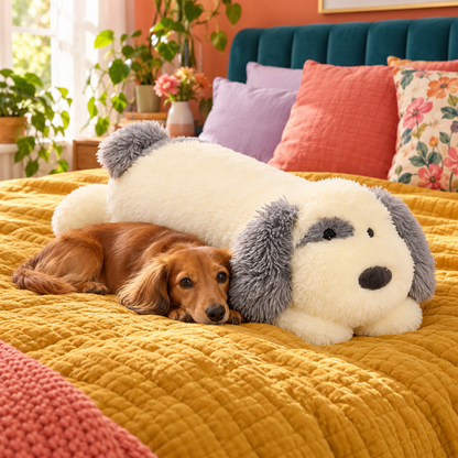 Small caramel dachshund resting beside a cream and gray sheepdog plush body pillow on a mustard quilt in a bright bedroom.