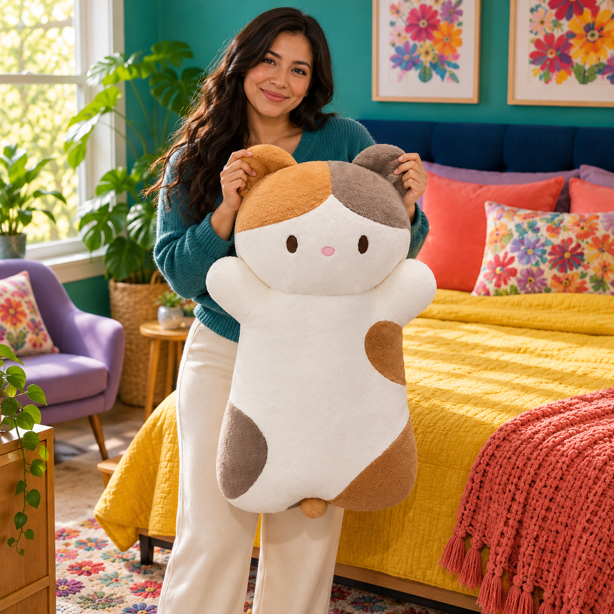 Adult holding the 3.3-foot Calico lying cat plush pillow for scale.