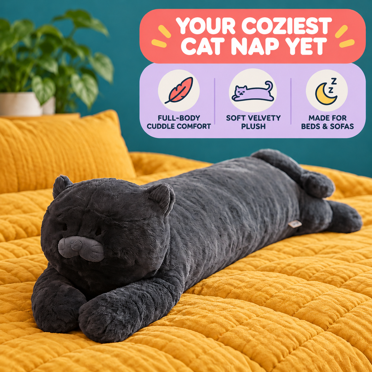 Moonlight Black Cat Body Pillow on mustard bedding with benefit text reading Your Coziest Cat Nap Yet, Full-Body Cuddle Comfort, Soft Velvety Plush, and Made for Beds and Sofas.