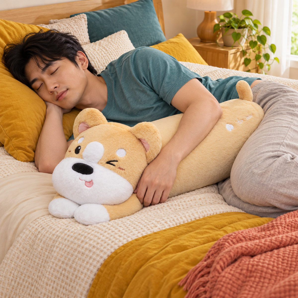 Adult man sleeping on his side while hugging a honey gold Puppy Hugs plush body pillow on a colorful bed.