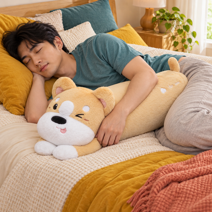 Adult man sleeping on his side while hugging a honey gold Puppy Hugs plush body pillow on a colorful bed.