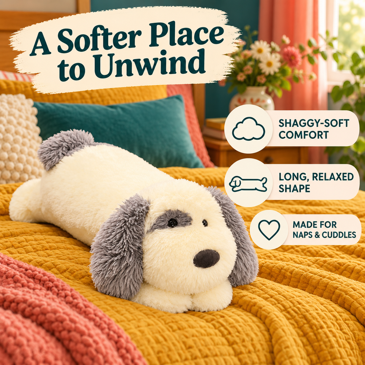 Cloudpatch sheepdog body pillow benefits graphic highlighting shaggy-soft comfort, a long relaxed shape, and use for naps and cuddles.