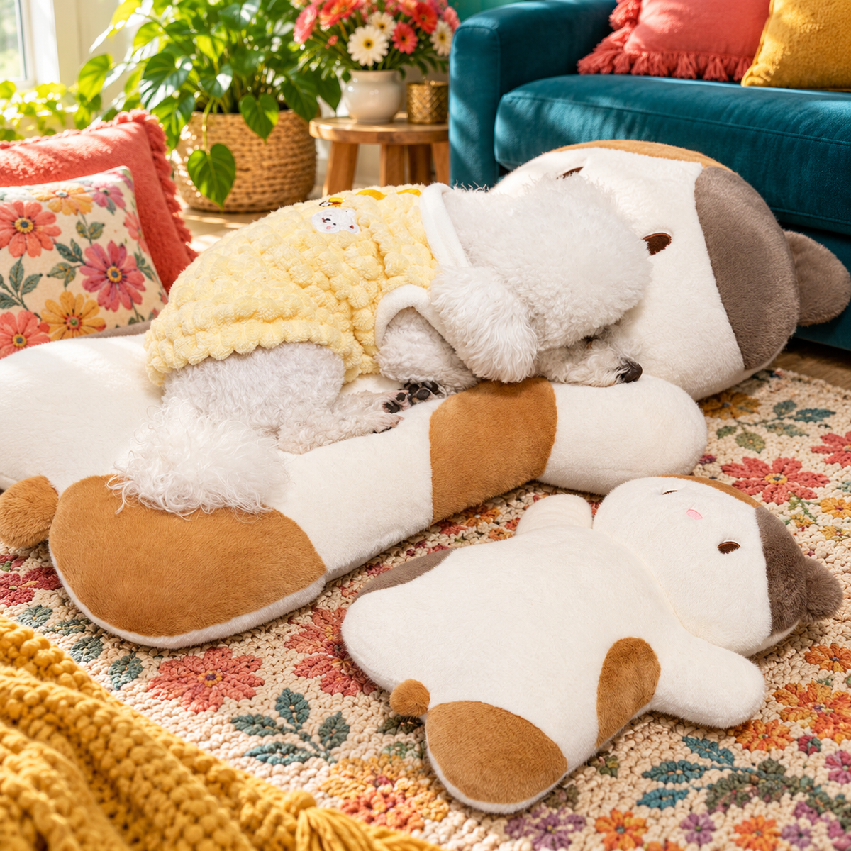 Small dog resting on a Calico lying cat plush pillow beside the smaller size.