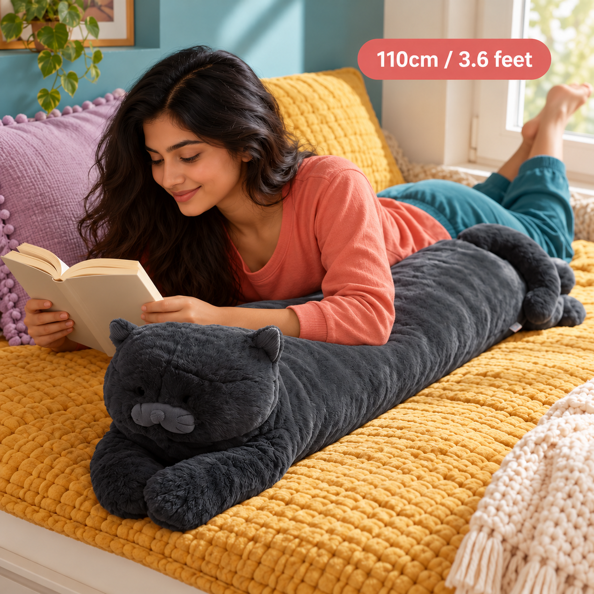 Young woman reading beside the Moonlight Black Cat Body Pillow as it lies horizontally across a mustard reading nook, with a clear size label of 110cm / 3.6 feet.