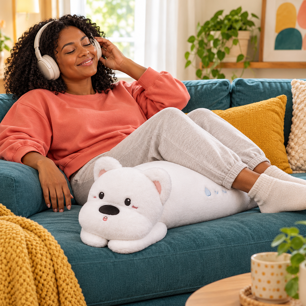 Adult woman relaxing with headphones on a teal sofa while a snow white Puppy Hugs plush body pillow supports her bent legs.