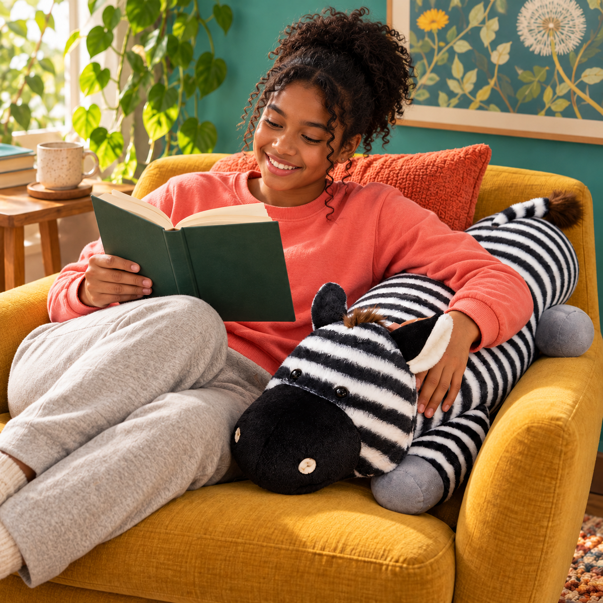 Black teenage girl reading in a mustard armchair with a long striped zebra plush body pillow supporting her side and arm in a colorful teal-and-coral room.