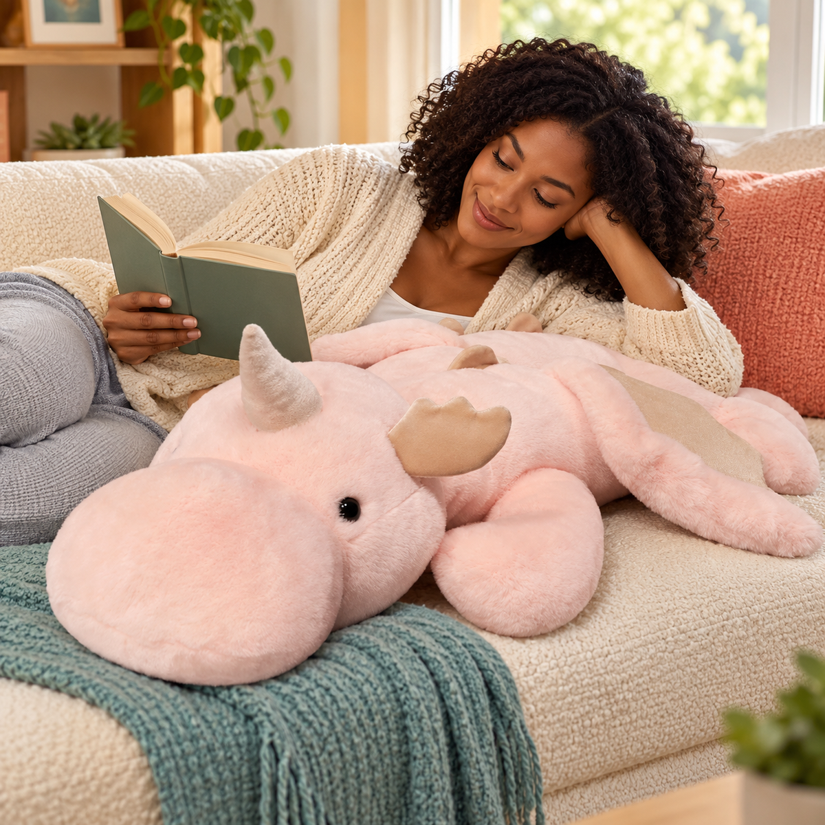 An adult reads on an ivory sofa beside the pink Cuddle Soft giant dragon plushie, with its soft rounded snout, wing and floppy body visible.