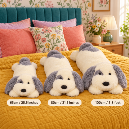 Three Cloudpatch sheepdog body pillow sizes arranged side by side with labels for 65cm, 80cm, and 100cm in metric and imperial units.