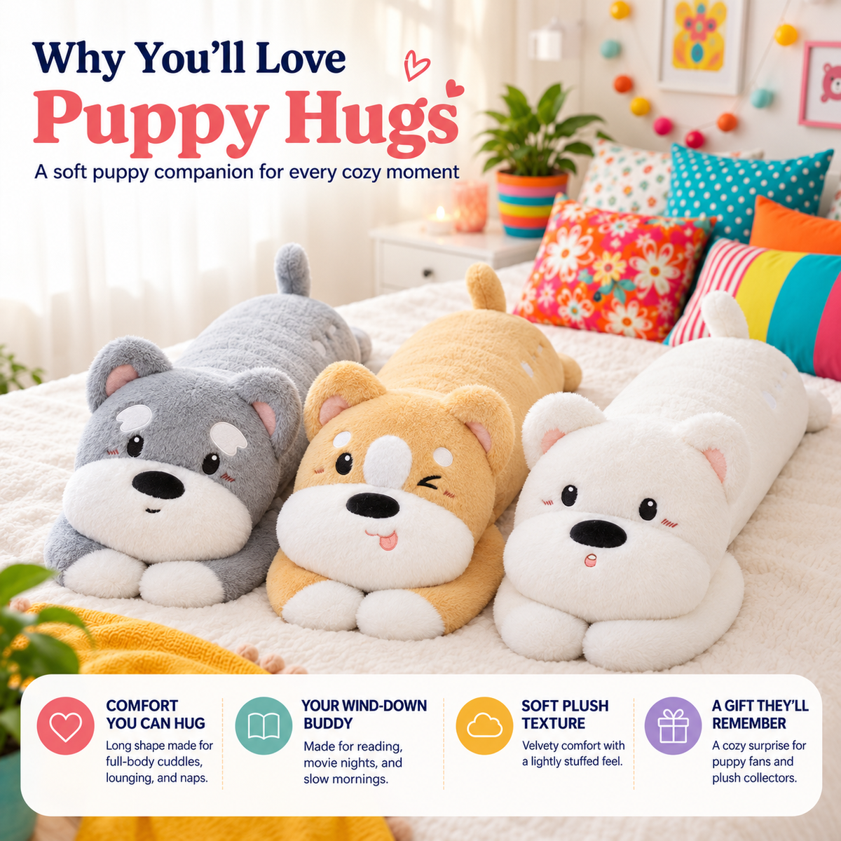 Three Puppy Hugs plush body pillows on a bright bed with a benefits panel describing huggable comfort, relaxation, soft texture, and gifting.