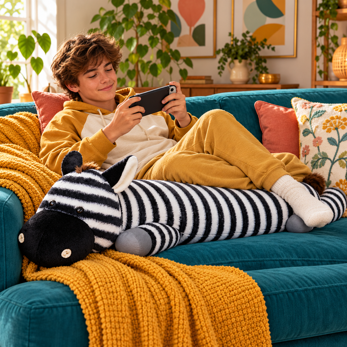 Teenage boy lounging on a teal sofa while using a long black-and-white zebra plush body pillow beneath his legs, with mustard and coral accents around him.