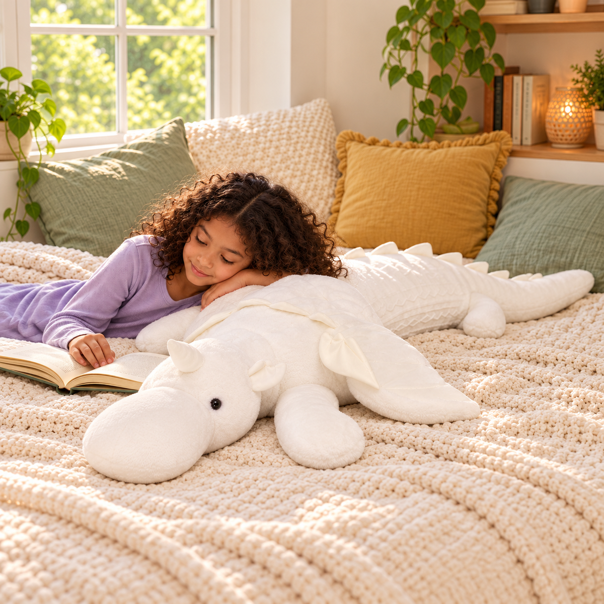 A child reads next to the white Cuddle Soft giant dragon plushie in a cozy nook, resting against its soft body while its broad snout, wing and tail are visible.