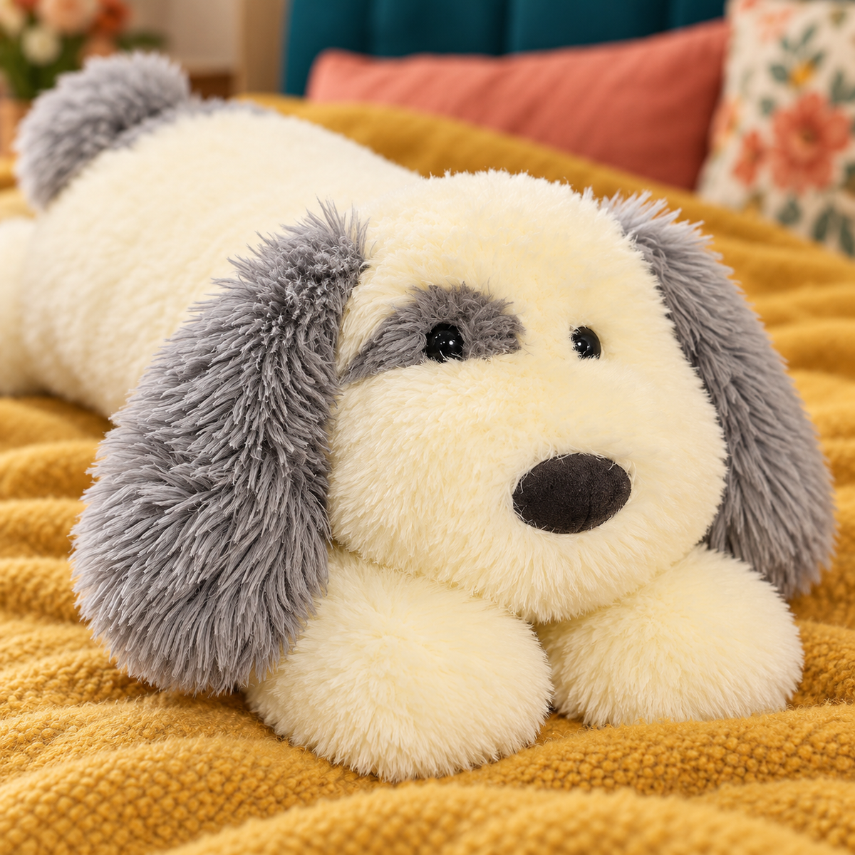 Close-up of the sheepdog plush pillow's cream shaggy face, gray eye patch, long gray ears, black nose, and soft front paws.