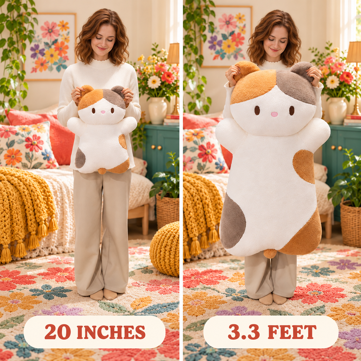Adult holding the 20-inch and 3.3-foot Calico lying cat plush pillows for comparison.