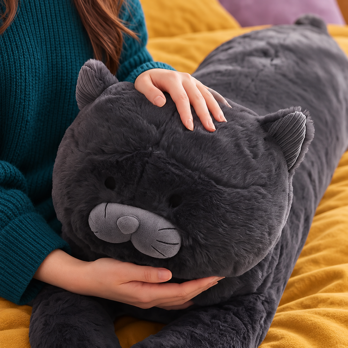 Two hands gently resting on and supporting the Moonlight Black Cat Body Pillow’s rounded head to show its soft charcoal-black velvety texture, gray muzzle, small ears, and plush cushioning.