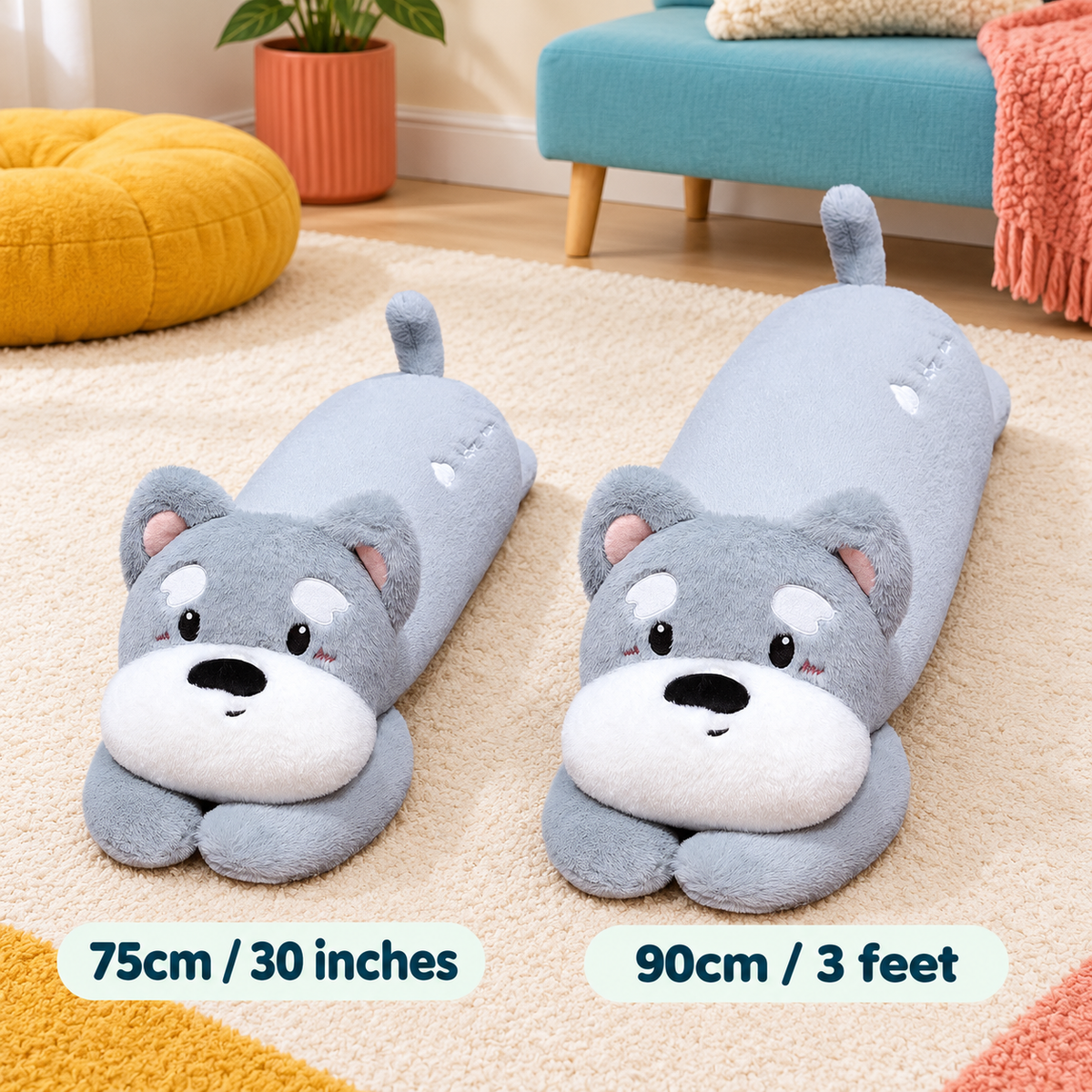 Silver gray Puppy Hugs plush body pillows shown side by side in 75cm / 30 inches and 90cm / 3 feet sizes.