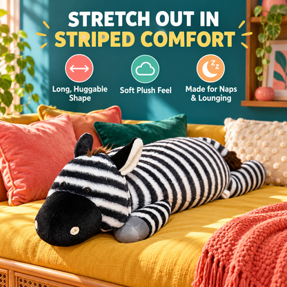 Striped zebra plush body pillow on a mustard sofa beneath a benefits graphic highlighting its long huggable shape, soft plush feel, and suitability for naps and lounging.