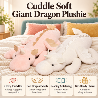 Cuddle Soft Giant Dragon Plushie benefits image showing pink and white dragons with callouts for cozy cuddles, soft details, relaxing, and gifting.