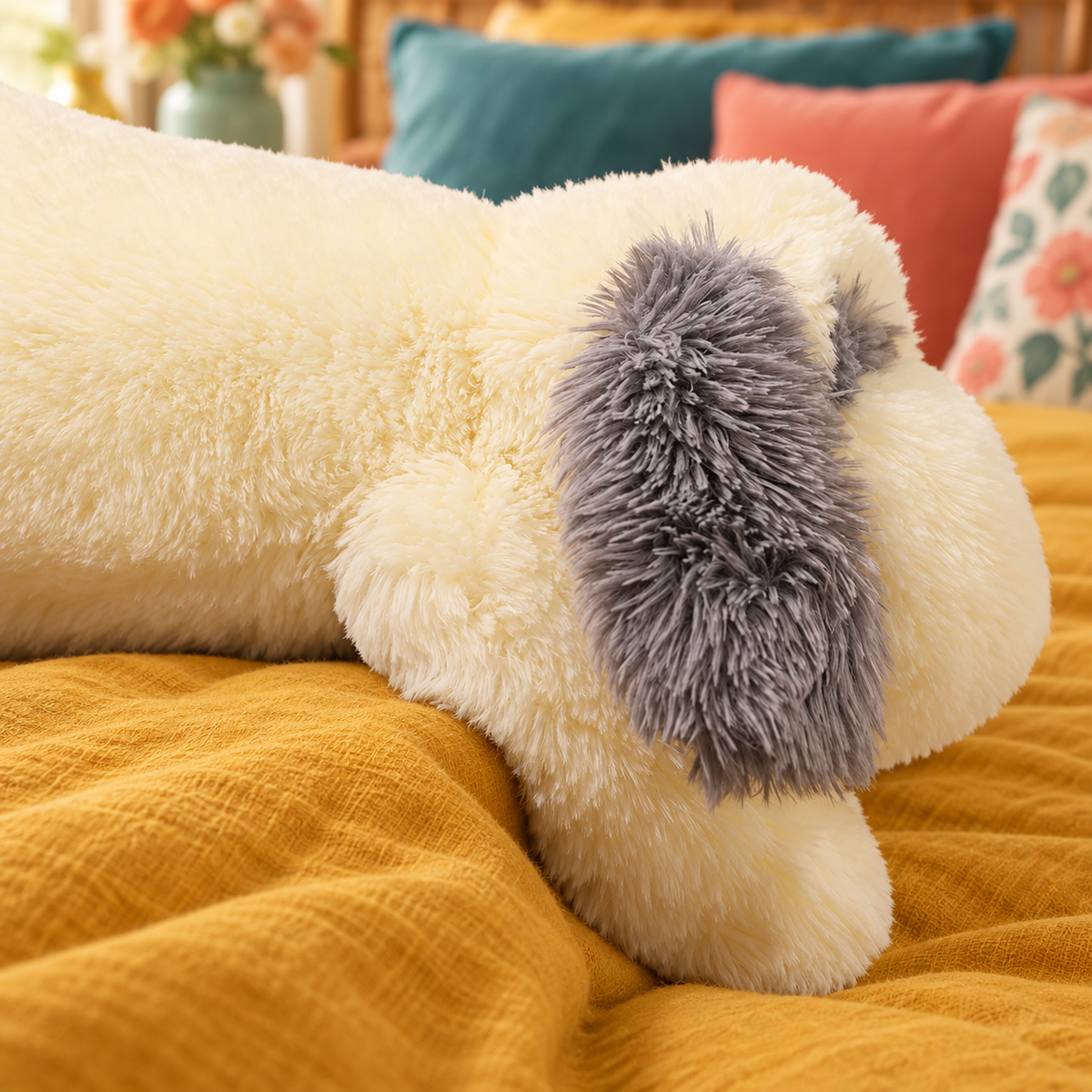 Close-up of the sheepdog body pillow's shaggy cream fabric, long gray ear, and cream front paw resting on mustard bedding.