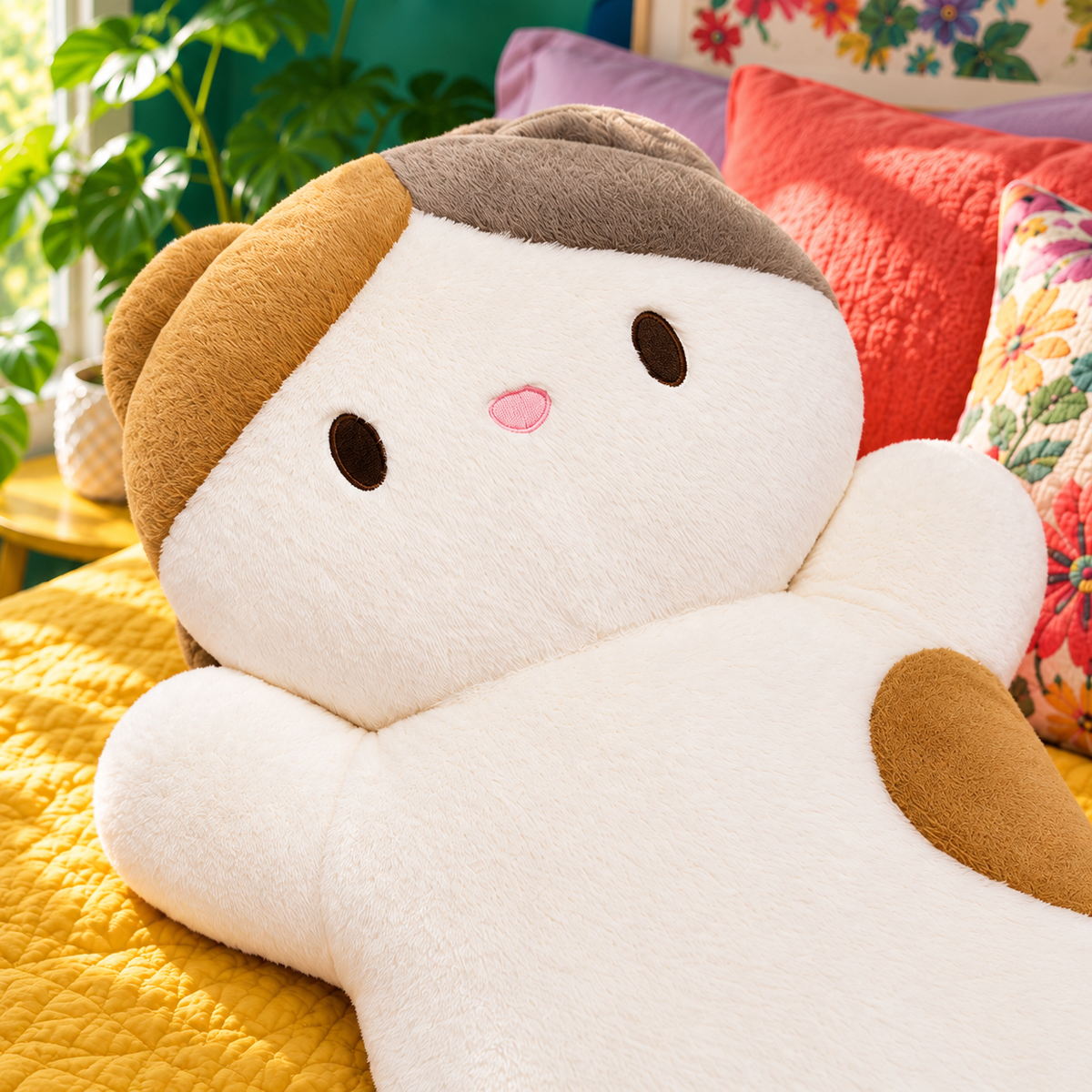 Close-up of the Calico lying cat plush pillow’s embroidered face and soft fabric.