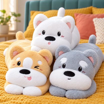 Close-up of silver gray, honey gold, and snow white Puppy Hugs plush body pillow faces arranged on mustard bedding.