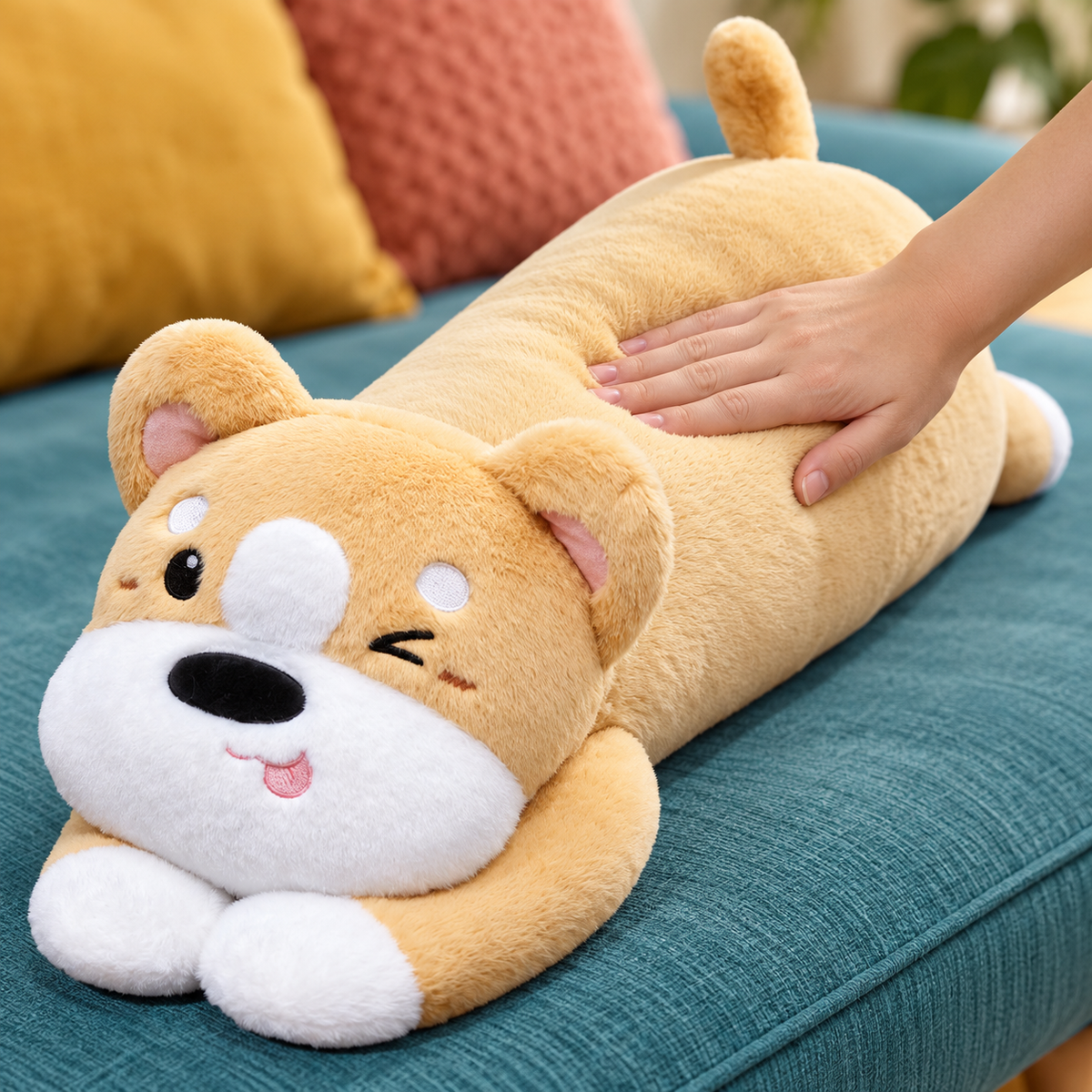 Adult hand gently pressing the honey gold Puppy Hugs plush body pillow to show its soft velvety texture and lightly stuffed body.