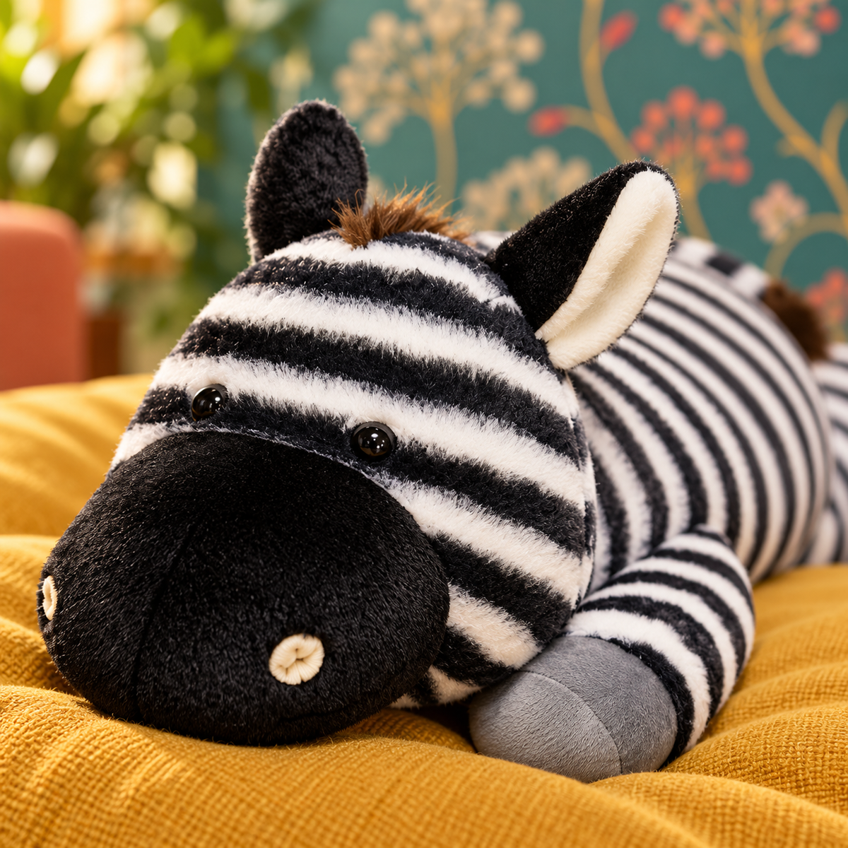 Close-up of the zebra plush body pillow face showing two glossy black eyes, rounded black muzzle with cream nostrils, upright ears, brown mane, black-and-white stripes and a gray hoof.