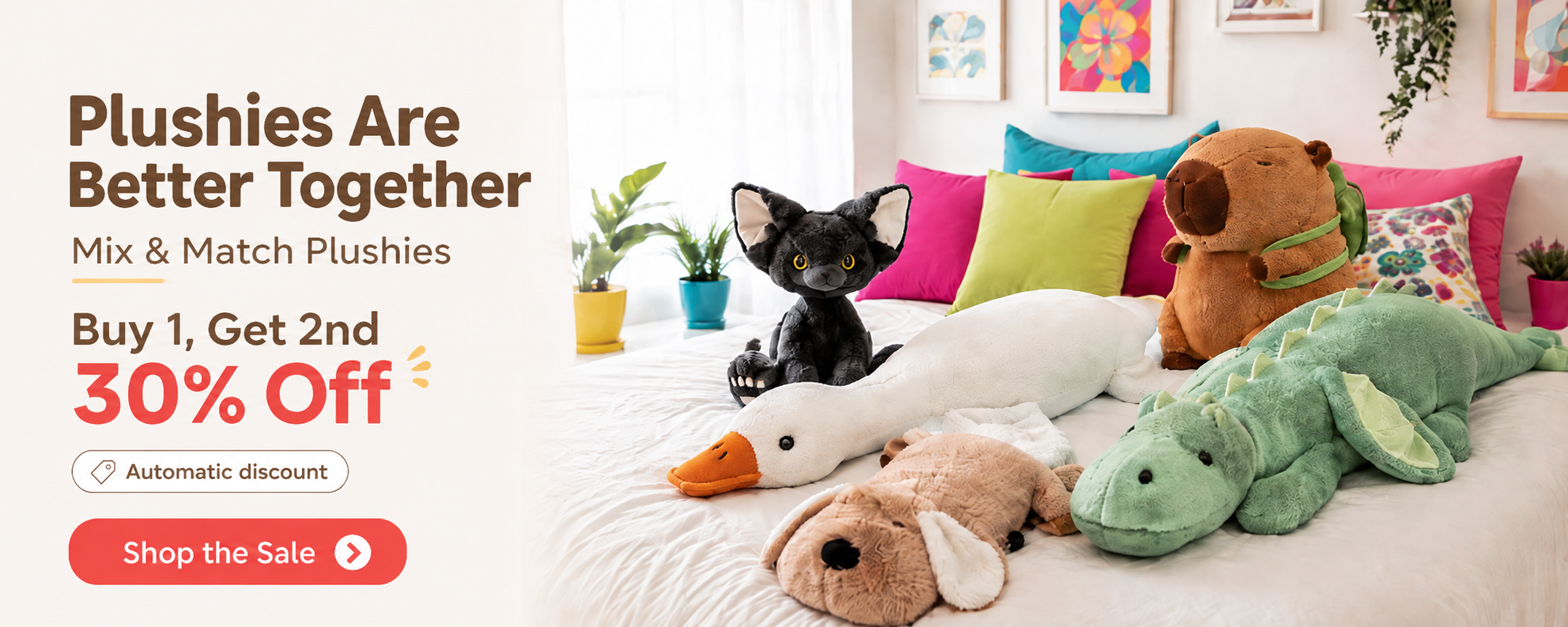 Promotional banner for a plushies mix-and-match set, showing several stuffed toys including a black cat plush, white duck, green alligator, brown bear, and beige dog on a bed with colorful pillows, alongside text reading 'Plushies Are Better Together' and 'Buy 1, Get 2nd 30% off'.