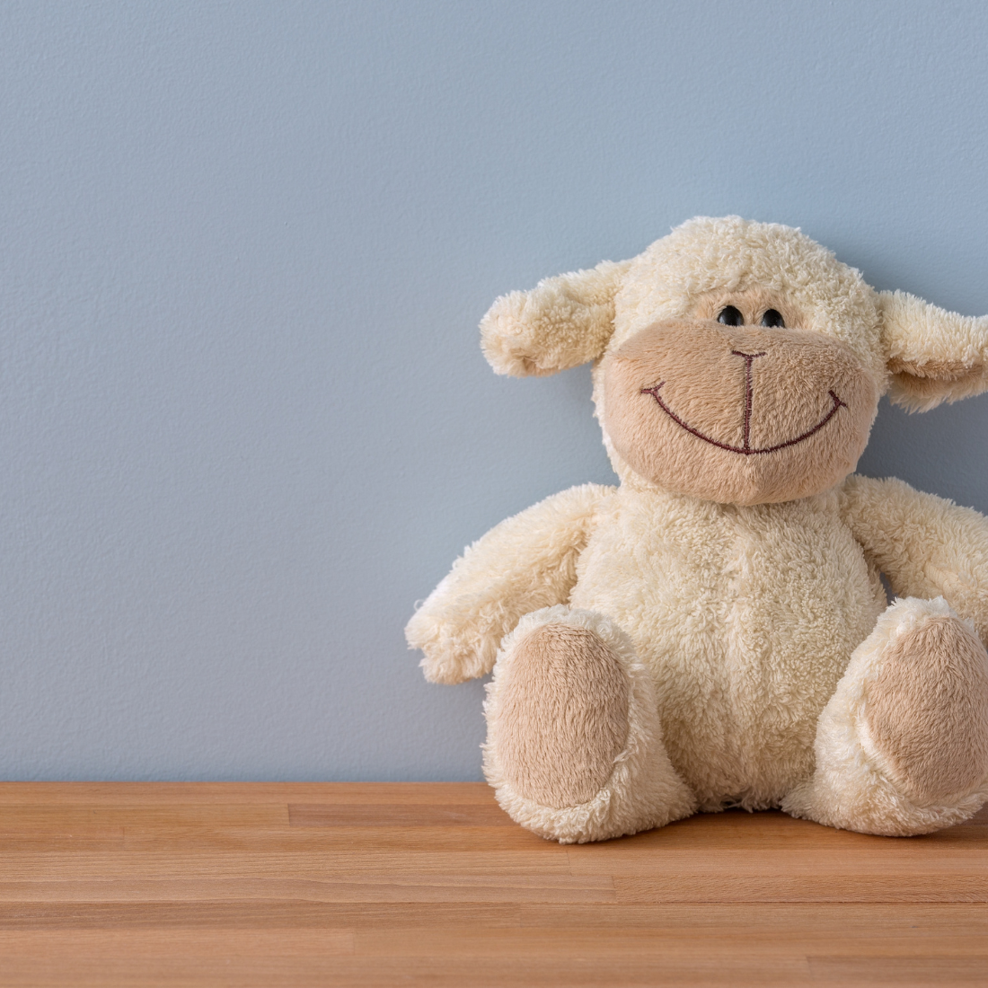 Kawaii Plushie toy sheep on a wooden surface with a light blue background