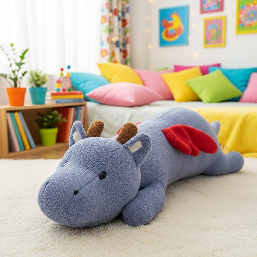 Plush dragon toy on a carpeted floor with a colorful living room in the background