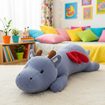 Plush dragon toy on a carpeted floor with a colorful living room in the background