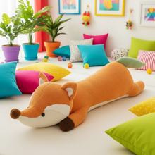 Colorful room with a large fox-shaped plushie body pillow on a bed, surrounded by various pillows and plants.