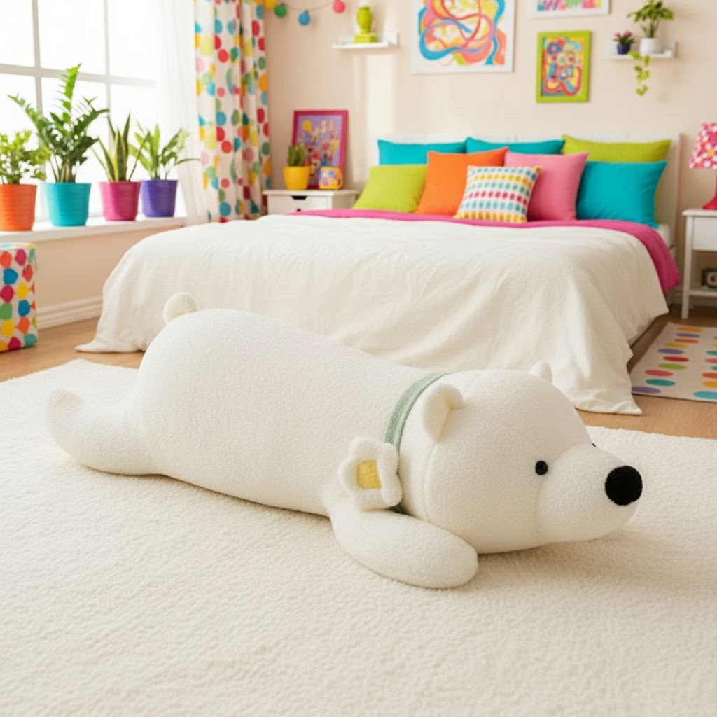 Large white polar bear plushie body pillow on a bed in a colorful bedroom.