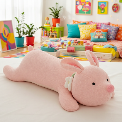 Pink plush rabbit body pillow on a bed in a colorful room with toys and plants.
