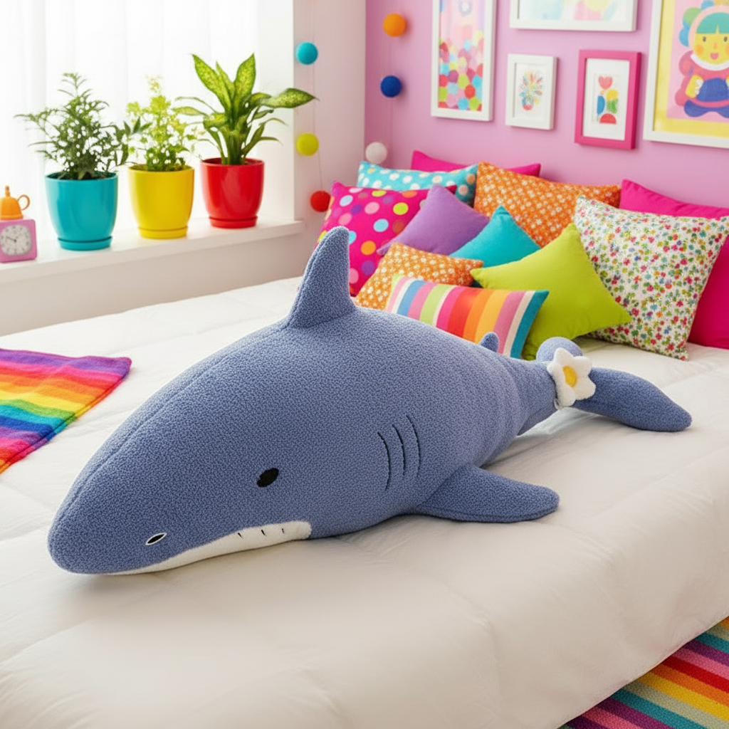 Shark plushie body pillow on a bed with colorful pillows and plants in the background