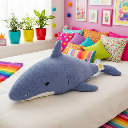 Shark plushie body pillow on a bed with colorful pillows and plants in the background