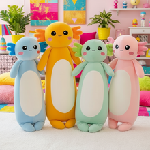 Four different colored Axolotl Plushie Body Pillows in a vibrant living room setting