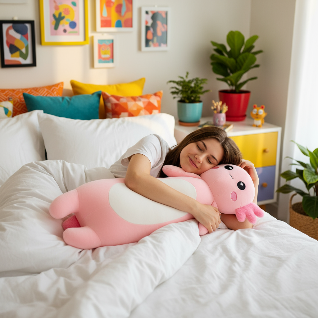 Woman laying on a bed hugging an axolotl plushie body pillow in a vibrant bedroom setting