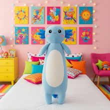 Axolotl Plushie Body Pillow in a vibrant bedroom setting