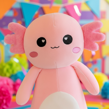 Close up image of the face of an Axolotl Plushie Body Pillow with a colorful wall behind it