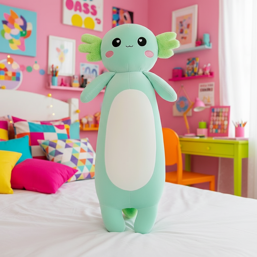 Axolotl Plushie Body Pillow standing on a bed in a colorful bedroom setting