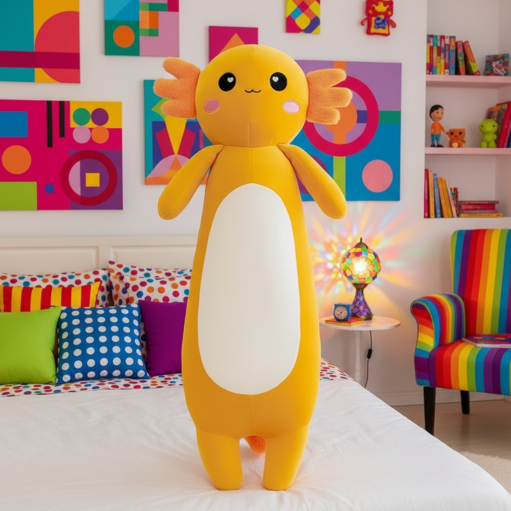 Axolotl Plushie Body Pillow standing on a bed in a bright and colorful bedroom setting