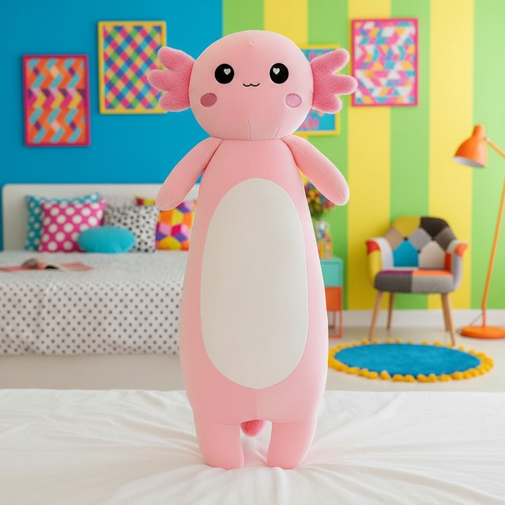 Axolotl Plushie Body Pillow in a vibrant bedroom setting