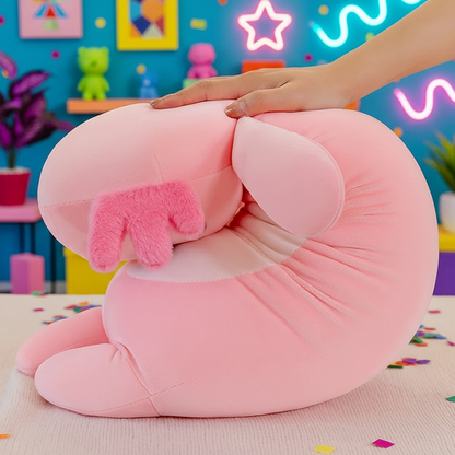 An Axolotl Plushie Body Pillow being squished by a hand in a colorful room with a blue wall and neon lights